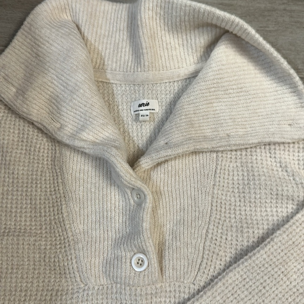 NWOT Aerie XS Cream Knit Collared Waffle Sweater
